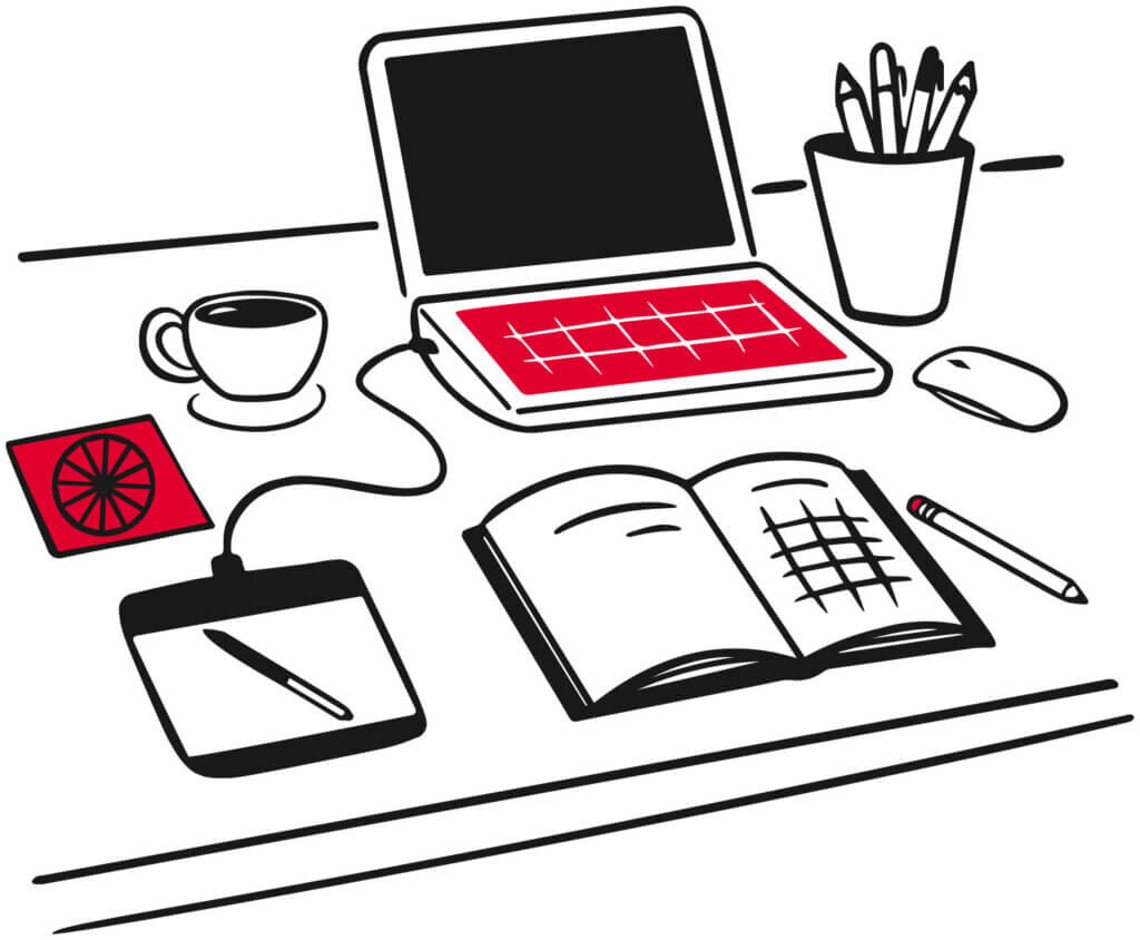 Ein Schreibtisch mit einem Laptop, einer Maus, einem Buch, einer Tasse und einem Stifte Halter.